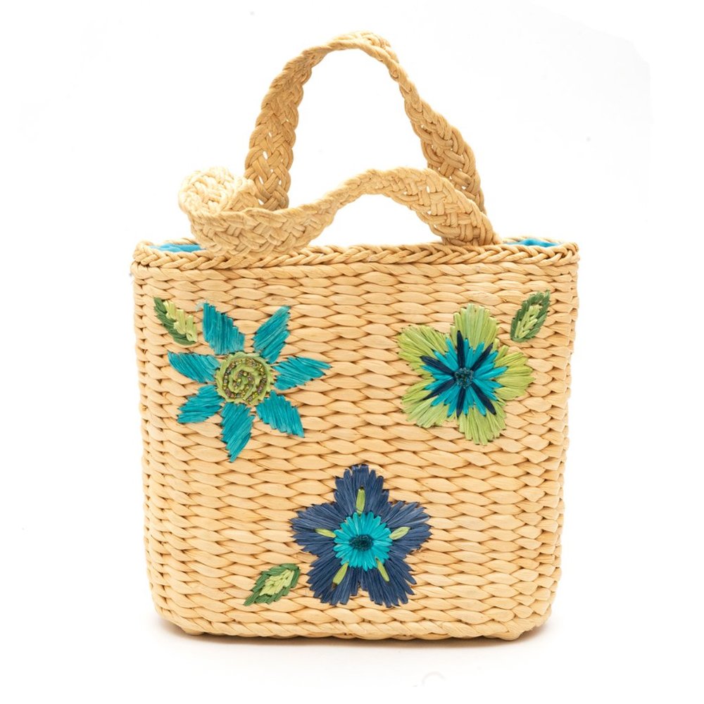 Small straw handbag purse blue flowers